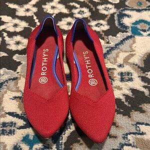 Rothy's Scarlet Red Pointed Flats, Blue Detail, “The Point”